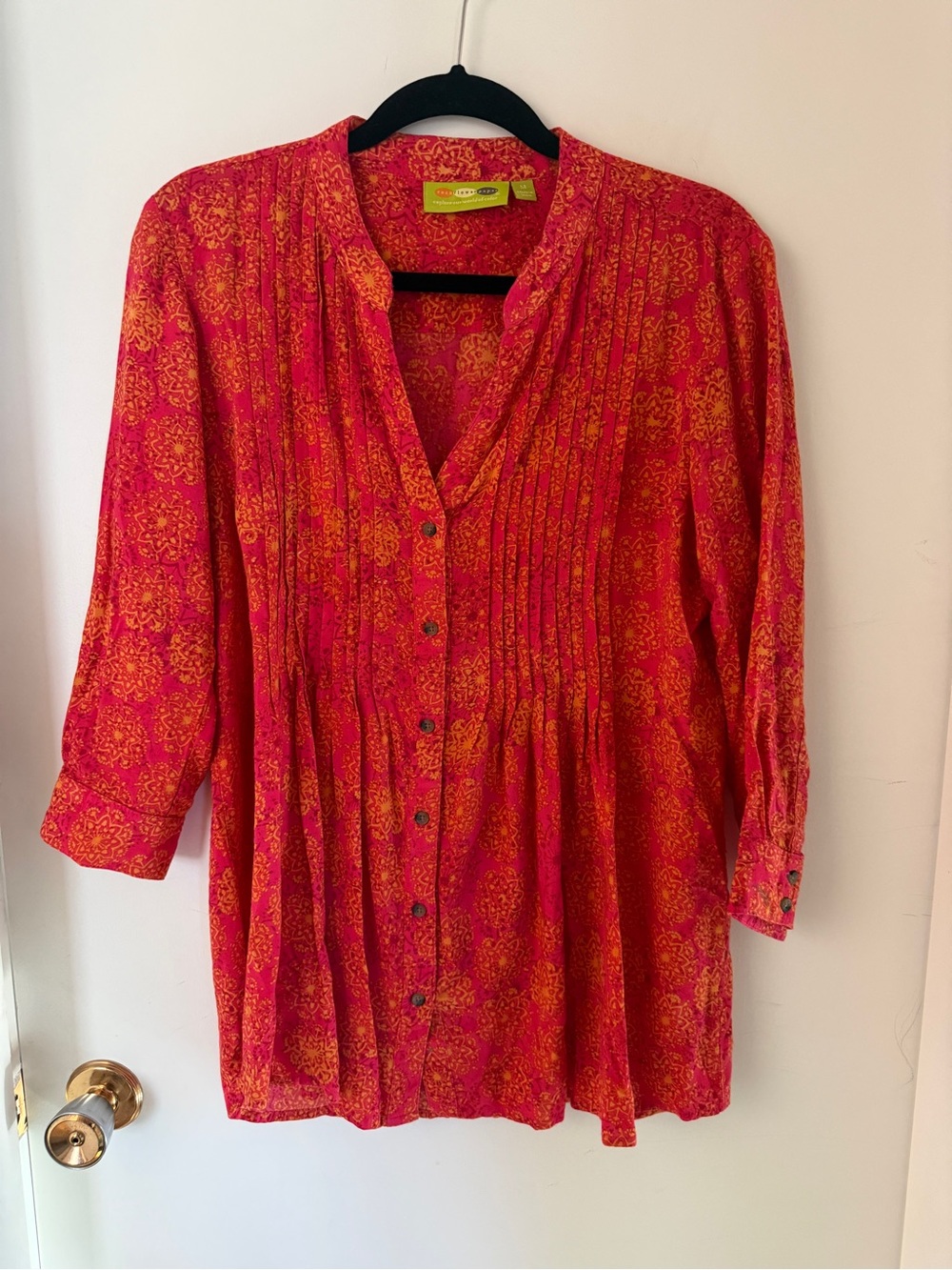 One World Flower Paper Pink Orange Boho Tunic Blouse M Pintuck Rayon